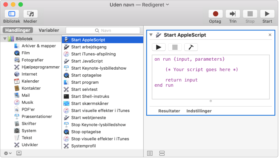 Automator-vinduet med handlingen Start AppleScript.