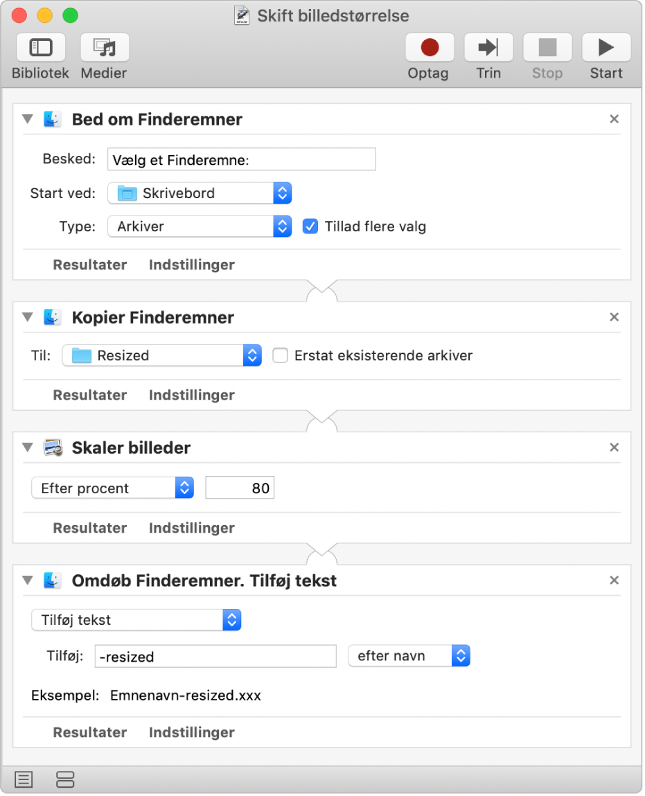 En Automator-arbejdsgang med fire handlinger.