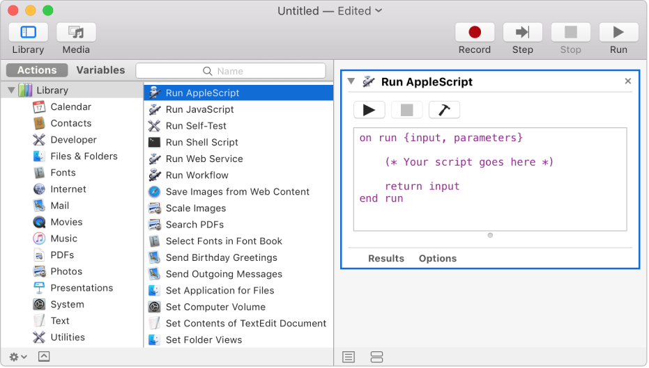 Das Automator-Fenster mit der Aktion AppleScript ausführen“