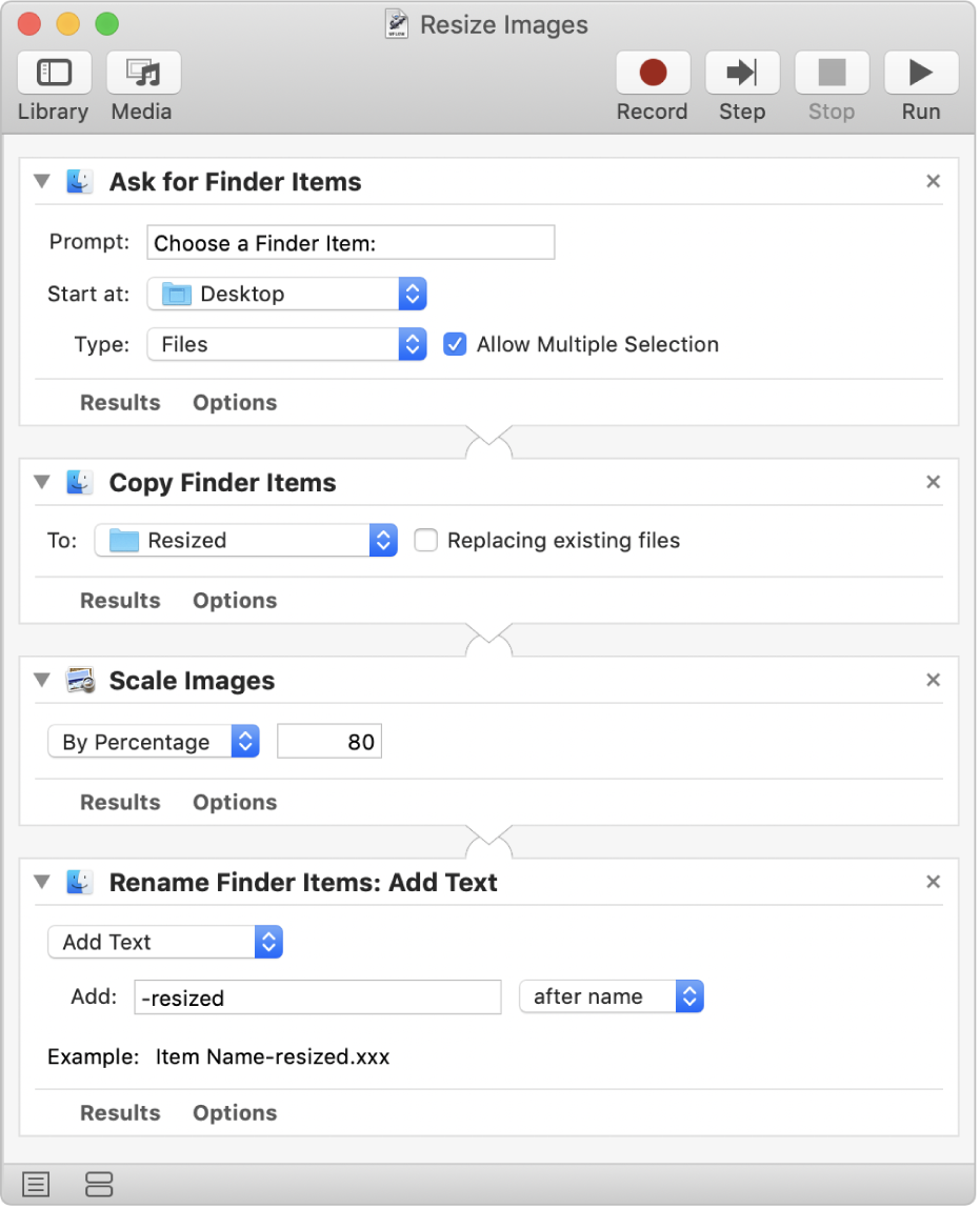 Ein Automator-Arbeitsablauf mit vier Aktionen