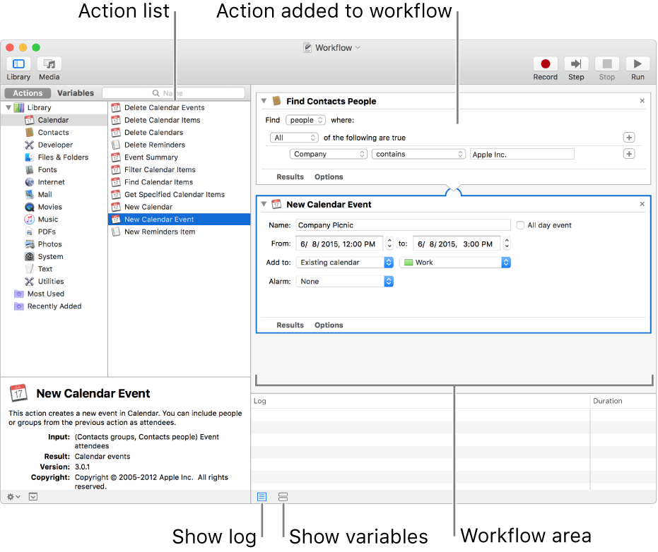 The Automator window. The Library appears at the far left, and contains a list of apps that Automator provides actions for. The Calendar app is selected in the list, and actions available in Calendar are listed in the column to the right. On the right side of the window is a workflow that has a Calendar action added to it.