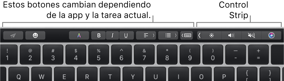 Touch Bar con botones en la izquierda que varían según la app o la tarea y, en la derecha, la Control Strip contraída.