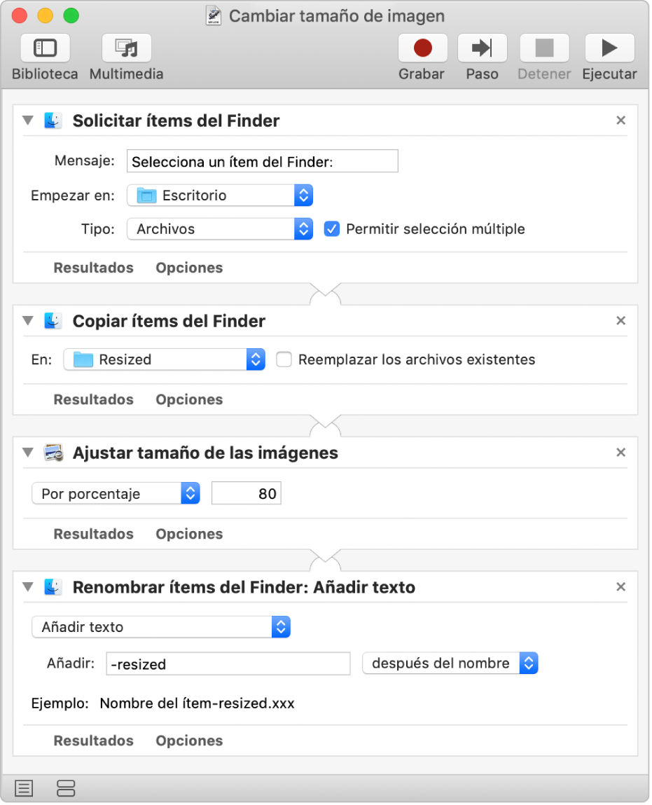 Flujo de trabajo de Automator con cuatro acciones.