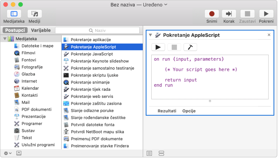 Prozor aplikacije Automator s postupkom Pokreni AppleScript.