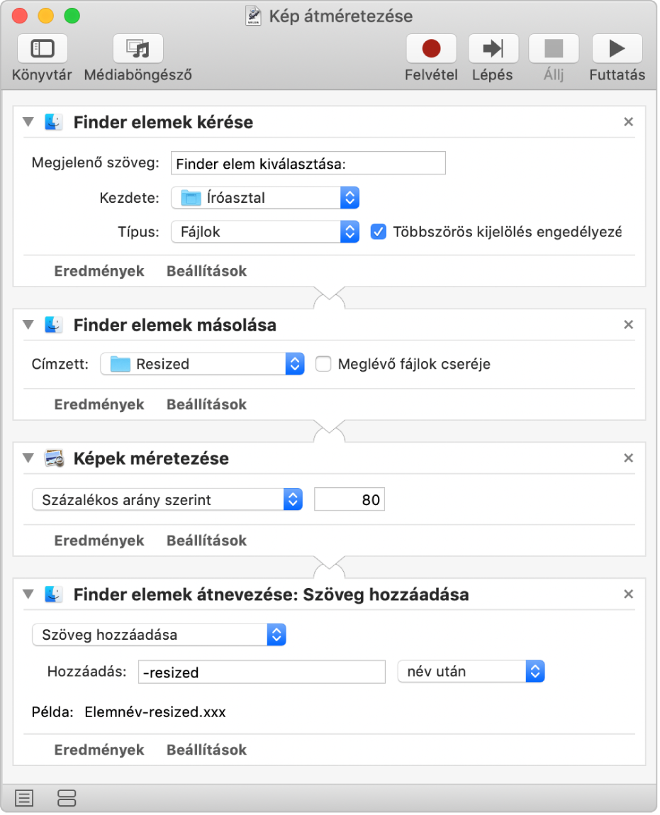 Automator-munkafolyamat négy művelettel.