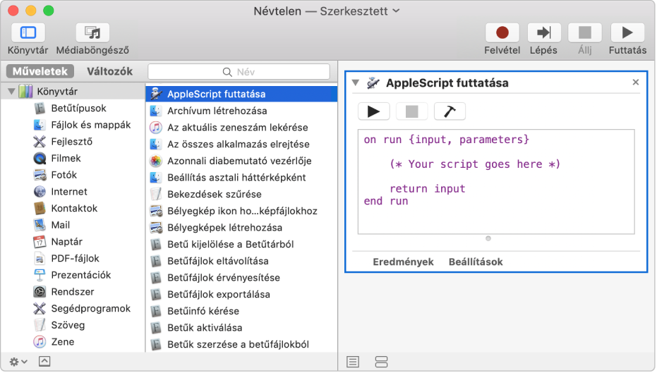 Az Automator ablaka az AppleScript futtatása művelettel.