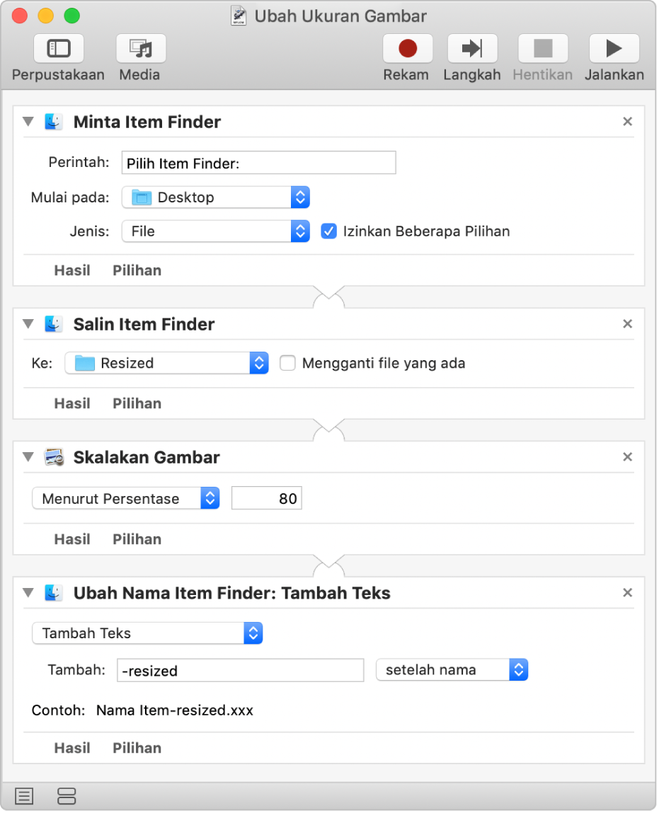 Alur kerja Automator dengan empat tindakan.