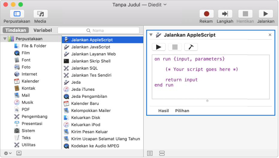 Jendela Automator dengan tindakan Jalankan AppleScript.