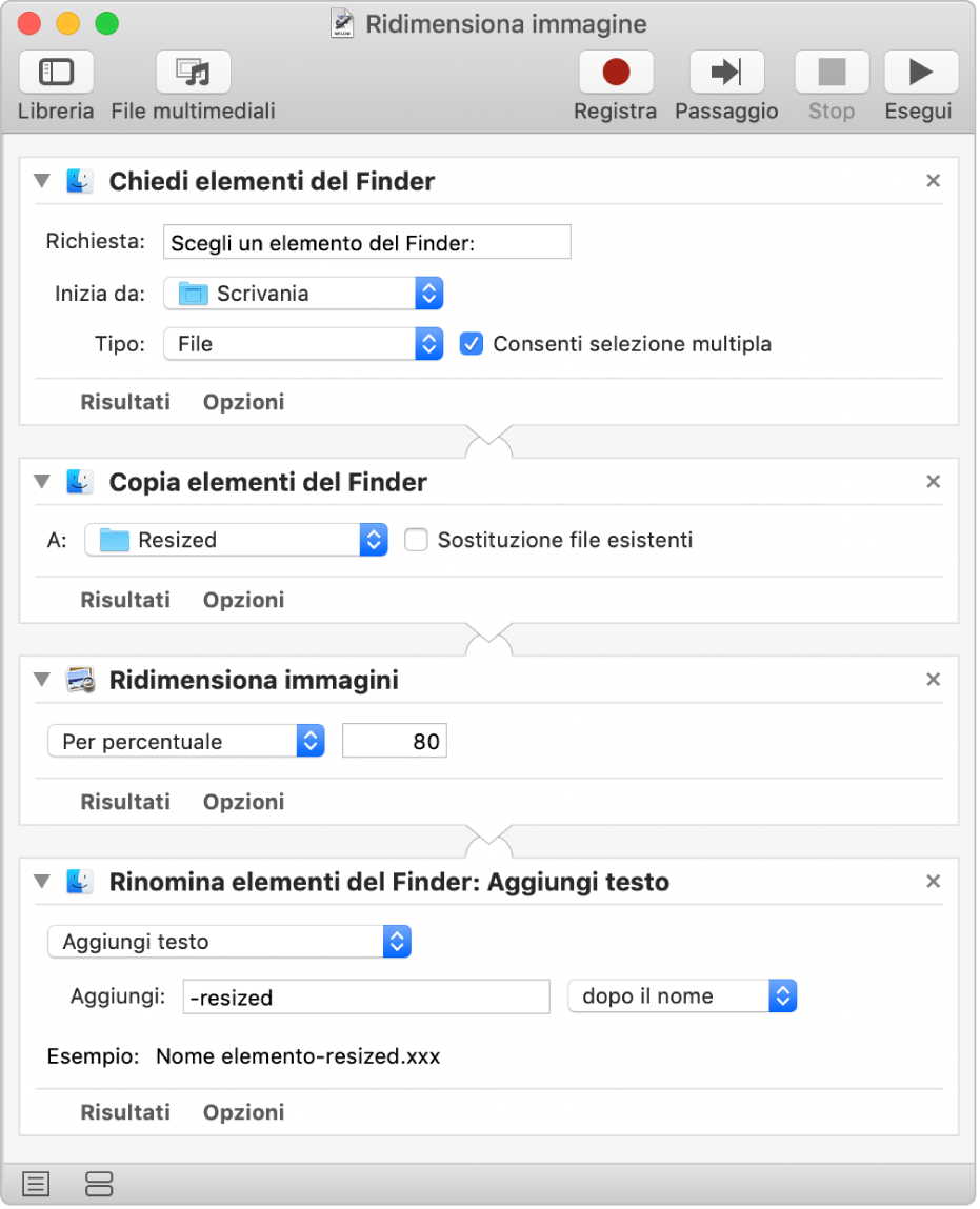 Un flusso di lavoro di Automator con quattro azioni.