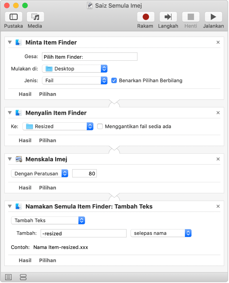Aliran kerja Automator dengan empat tindakan.