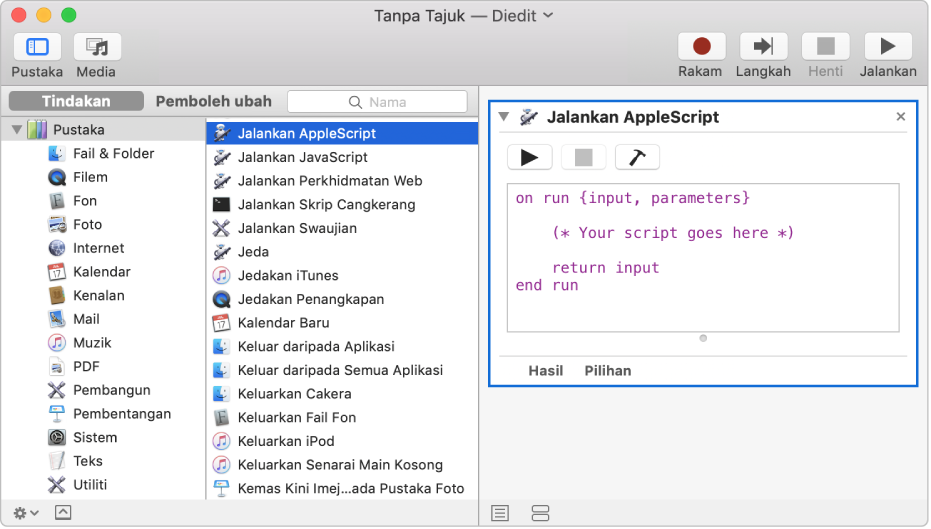 Tetingkap Automator dengan tindakan Jalankan AppleScript.