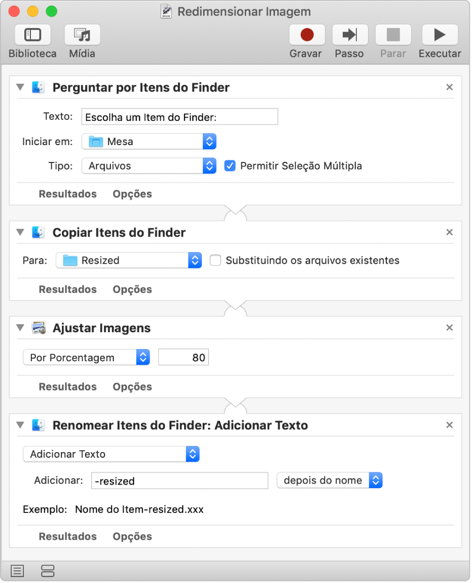 Fluxo de trabalho do Automator com quatro ações.