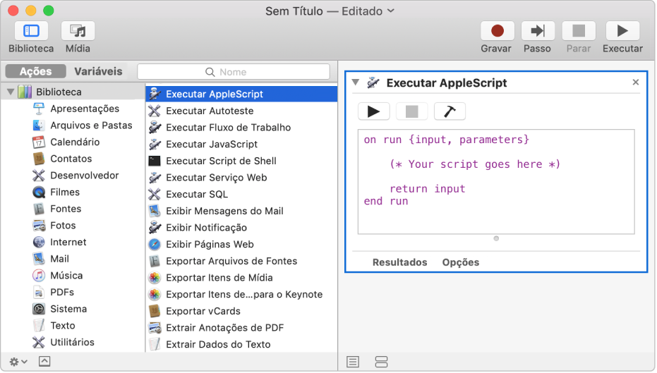 Janela do Automator com uma ação Executar AppleScript.