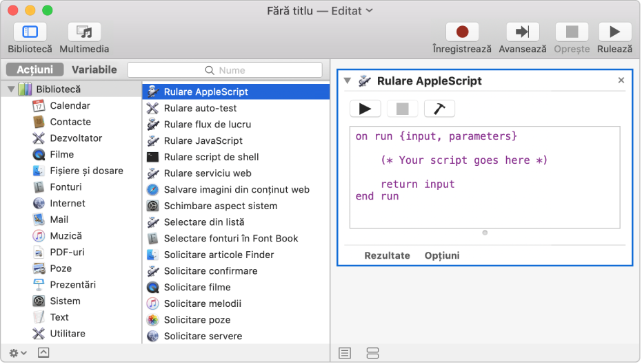 Fereastra Automator cu o acțiune Rulare AppleScript.