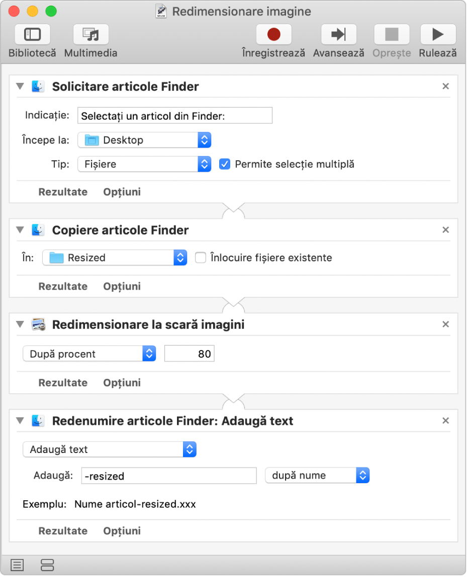 Un flux de lucru Automator cu patru acțiuni.