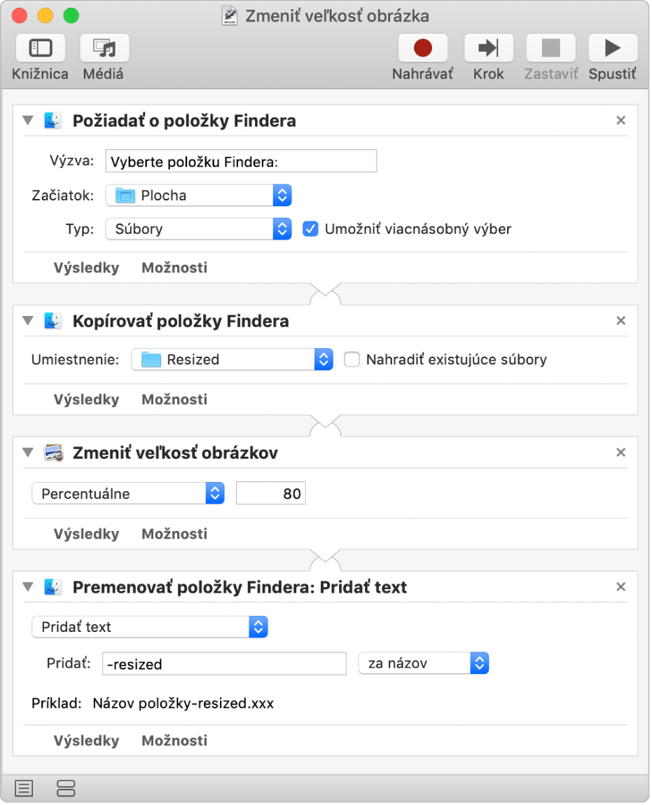 Workflow aplikácie Automator so štyrmi akciami.