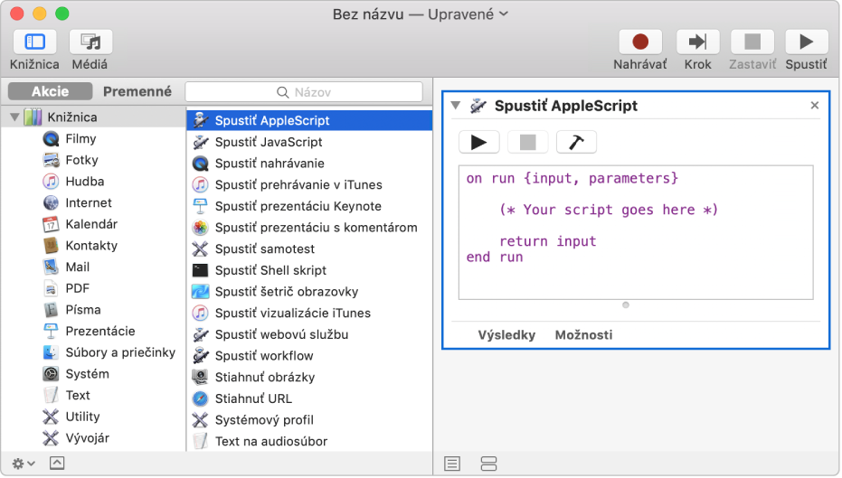 Okno aplikácie Automator s akciou Spustiť AppleScript.