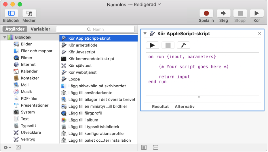 Automator-fönstret med en Kör AppleScript-åtgärd.