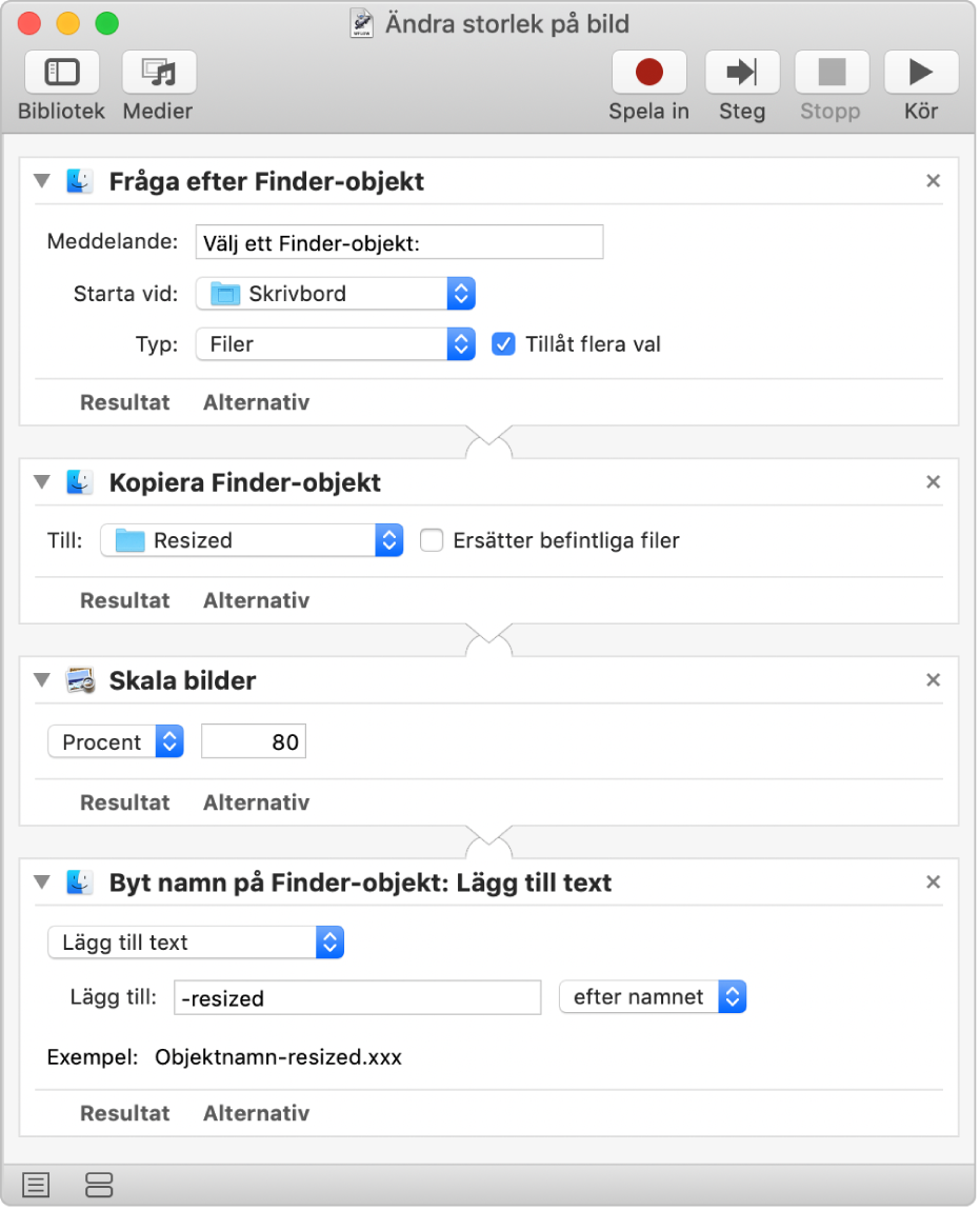 Ett Automator-arbetsflöde med fyra åtgärder.