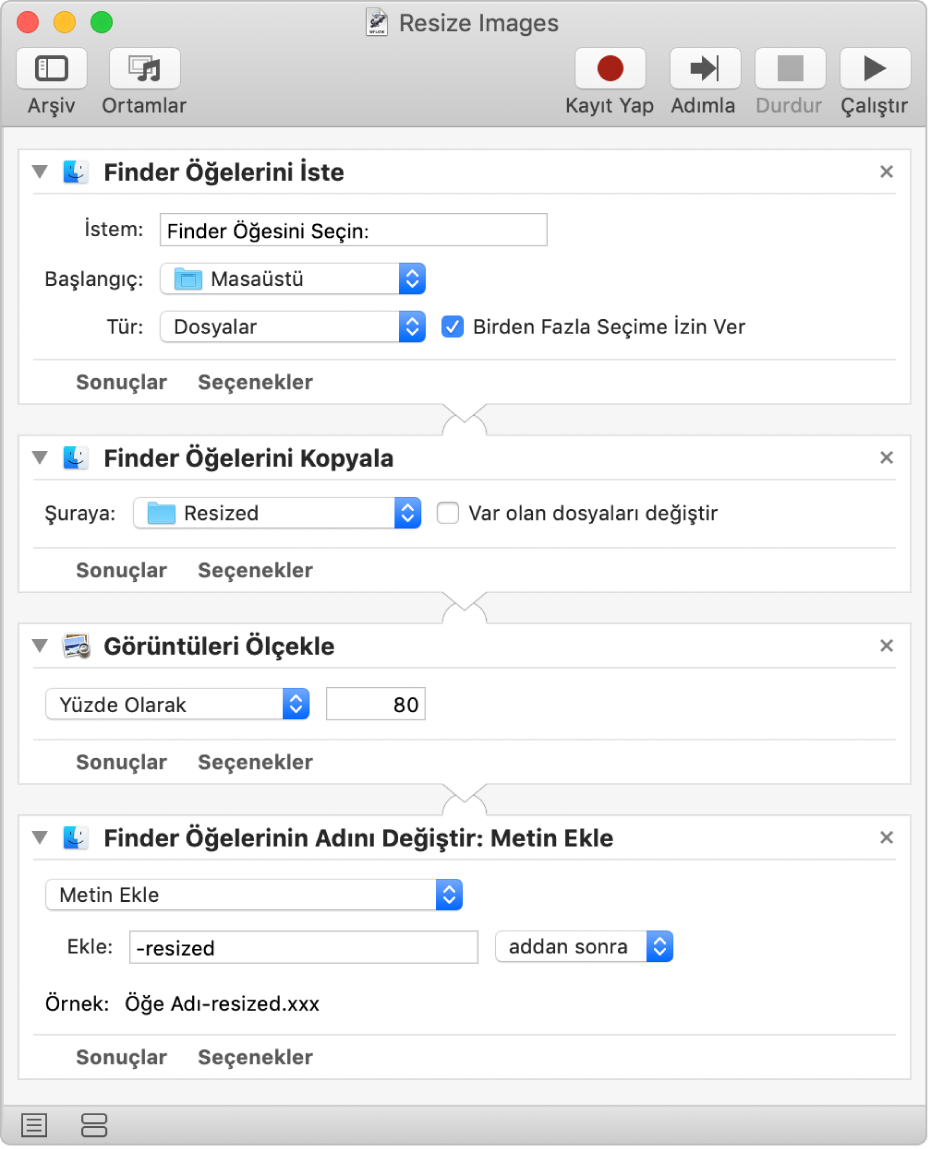 Dört işlemin olduğu bir Automator iş akışı.