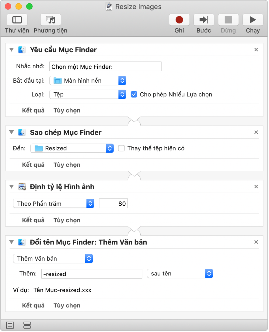 Luồng công việc Automator với bốn tác vụ.