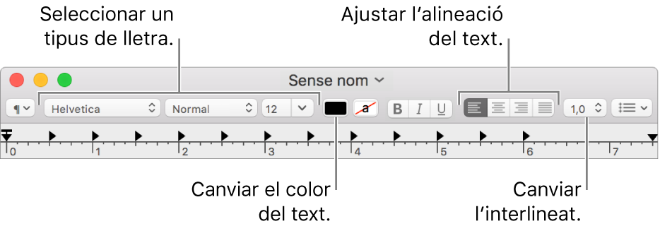 Barra d’eines del TextEdit per a un document de text enriquit, on es mostren el tipus de lletra i els controls d’alineació i d’espaiat del text.