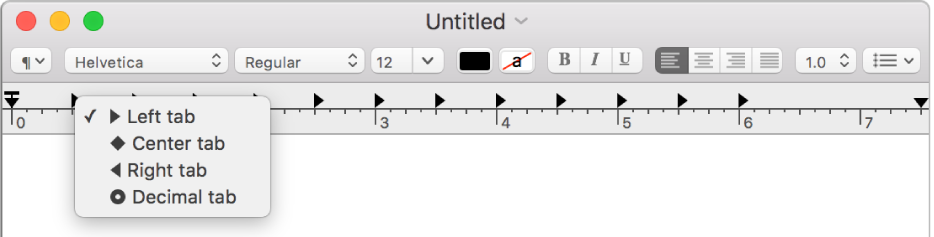 The ruler showing the tab stop options.
