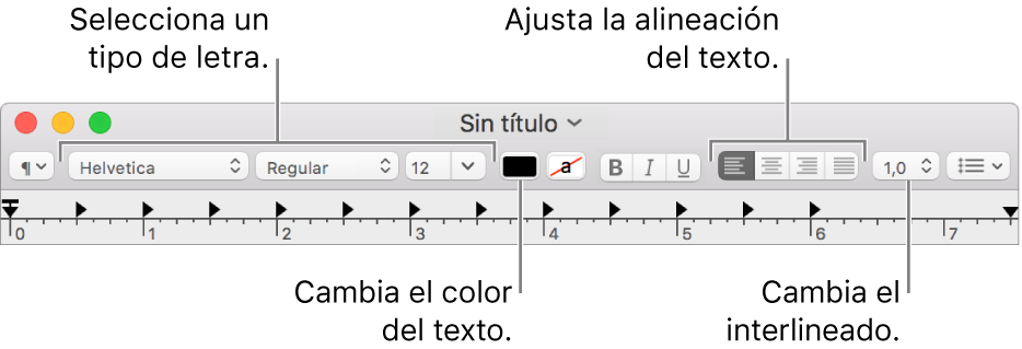 La barra de herramientas de TextEdit para un documento de texto enriquecido, con el tipo de fuente y los controles de espaciado y alineación del texto.