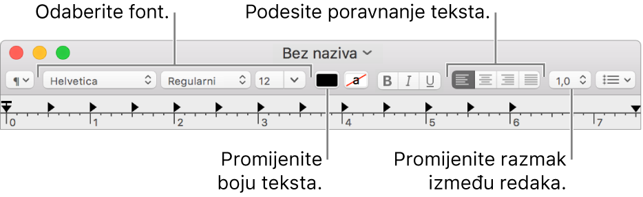 Alatna traka TextEdit za dokument bogatog teksta prikazuje poravnanje fonta i teksta i kontrole razmaka.