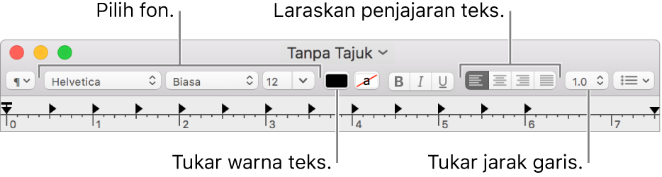 Bar alat TextEdit untuk dokumen teks beraneka menunjukkan penjajaran fon dan teks serta kawalan jarak.