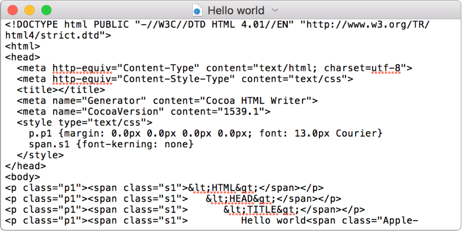 Файл HTML в режиме редактирования кода.