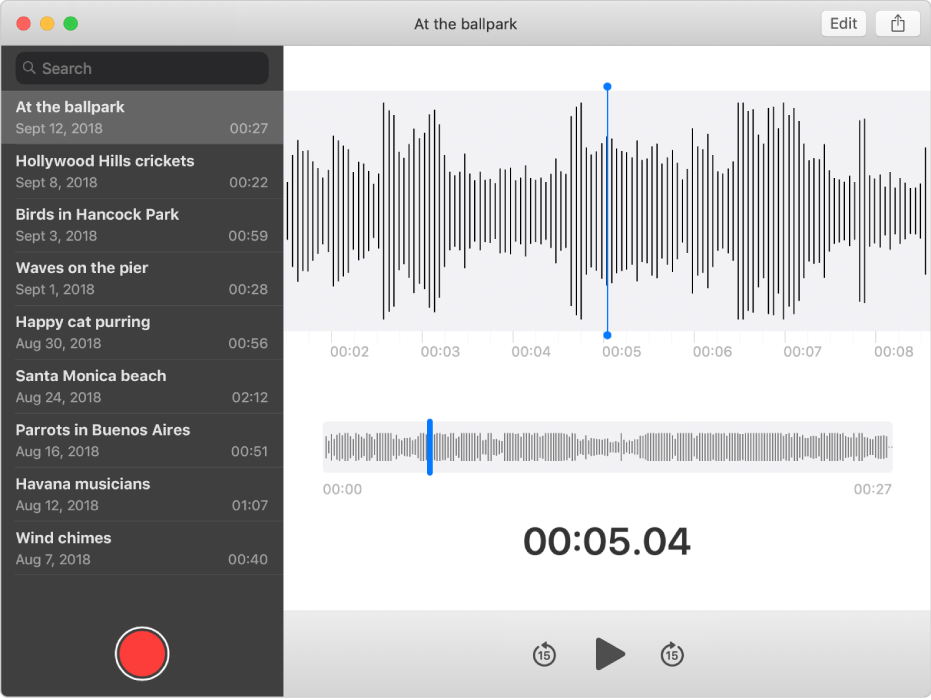 The Voice Memos window showing the Record button at the bottom left.