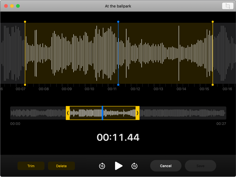 A voice memo. Drag the yellow handles on the waveform to set the range to trim. Then click the Trim button to remove the audio outside the trim handles, or click the Delete button to remove the audio between the trim handles.