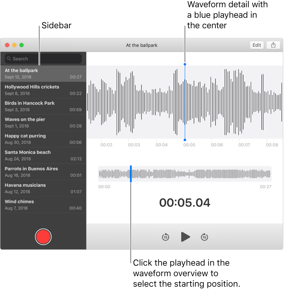 The Voice Memos app shows the sidebar on the left. The recording appears in the window to the right of the sidebar, as a waveform detail with a blue playhead in the center. Below it is the waveform overview. Click the playhead in the overview to select the starting position.