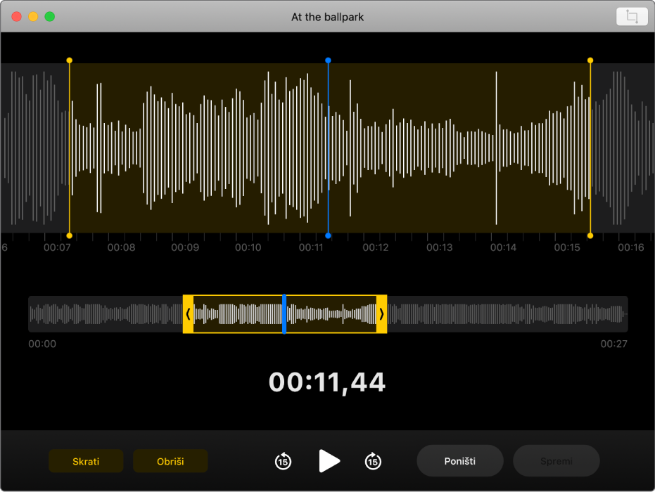 Audio snimka. Povucite žuta hvatišta na obliku vala kako biste odredili raspon koji kratite. Zatim kliknite tipku Skrati kako biste uklonili audio zapis izvan ručica za skraćivanje ili kliknite tipku Obriši za uklanjanje audio zapisa između ručica za skraćivanje.