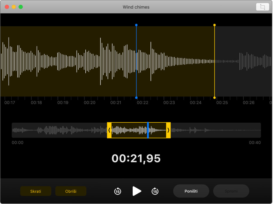 Uređivanje audio snimke u prozoru Diktafona.