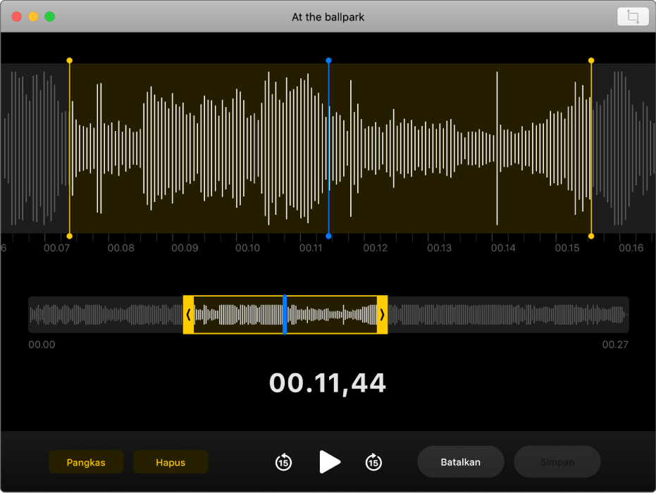Memo suara. Seret pengendali berwarna kuning di bentuk gelombang untuk mengatur cakupan pemangkasan. Lalu klik tombol Pangkas untuk menghapus audio di luar pengendali pemangkasan, atau klik tombol Hapus untuk menghapus audio di antara pengendali pemangkasan.