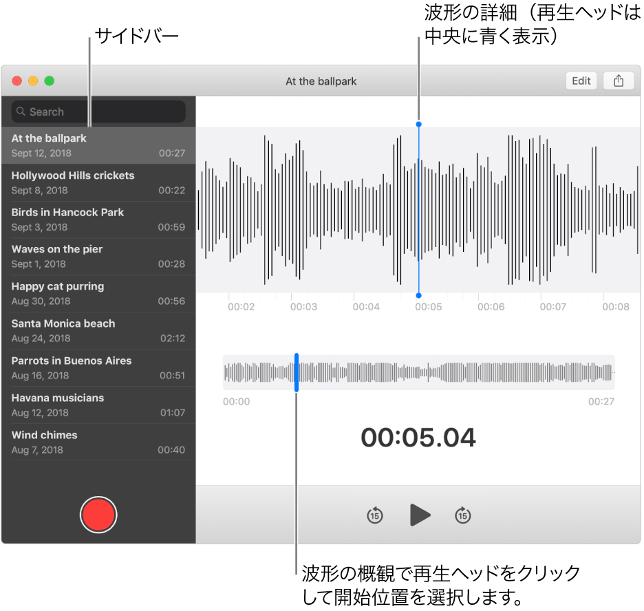 ボイスメモアプリケーションでは、左側にサイドバーが表示されます。録音は、中央部分に青色の再生ヘッドが付いた波形の詳細として、サイドバーの右側にあるウインドウに表示されます。以下は、波形の概観です。再生開始位置を選択するには、概観の再生ヘッドをクリックします。