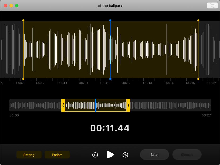 Memo suara. Seret pemegang kuning pada bentuk gelombang untuk mengesetkan julat untuk dipotong. Kemudian klik butang Potong untuk mengeluarkan audio di luar pemegang potong, atau klik butang Padam untuk mengeluarkan audio antara pemegang potong.