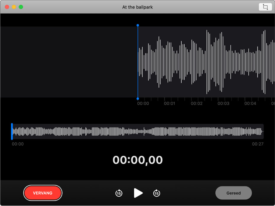 Een gesproken memo. Versleep de blauwe verticale lijn (afspeelkop) naar de plaats waar je wilt vervangen of inkorten. Om de bestaande audio te vervangen door nieuwe audio, klik je links op de knop 'Vervang'. Om overbodige audio te verwijderen, klik je rechtsboven op de knop 'Kort in'.