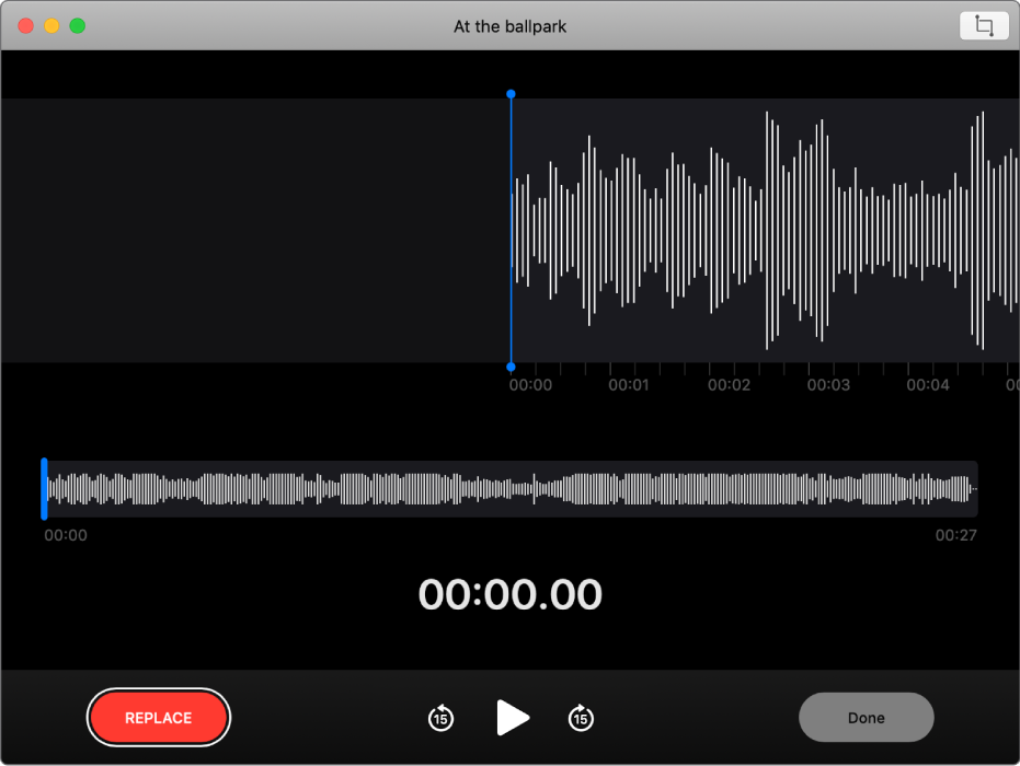 Notatka głosowa. Przesuwaj pionową niebieską linię (głowicę odtwarzania) do miejsca, w którym chcesz zastąpić nagranie lub przyciąć. Aby nagrać nowe audio w celu zastąpienia istniejącego audio, kliknij w Zastąp po lewej. Aby usunąć zbędne audio, kliknij w Przytnij w prawym górnym rogu.