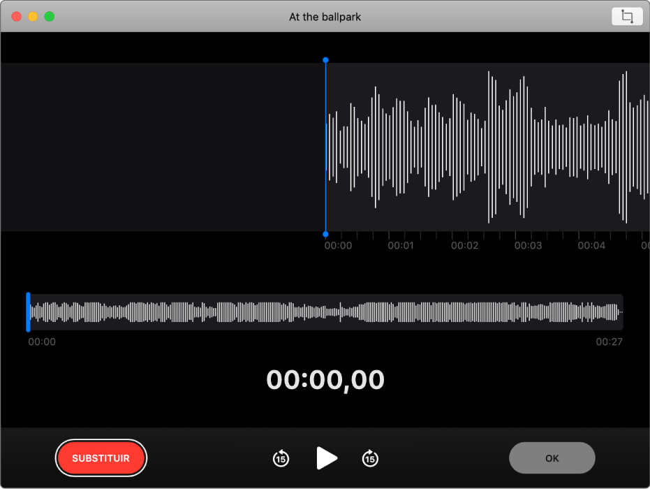 Uma gravação. Arraste a linha vertical azul (cursor de reprodução) para onde pretende substituir ou encurtar. Para gravar novo áudio para substituir o áudio existente, clique no botão Substituir à esquerda. Para apagar o áudio extra, clique no botão Encurtar no canto superior direito.