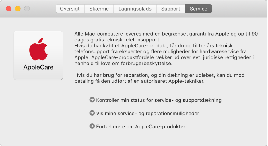 Vinduet Service i Oplysninger om system viser AppleCares servicemuligheder.