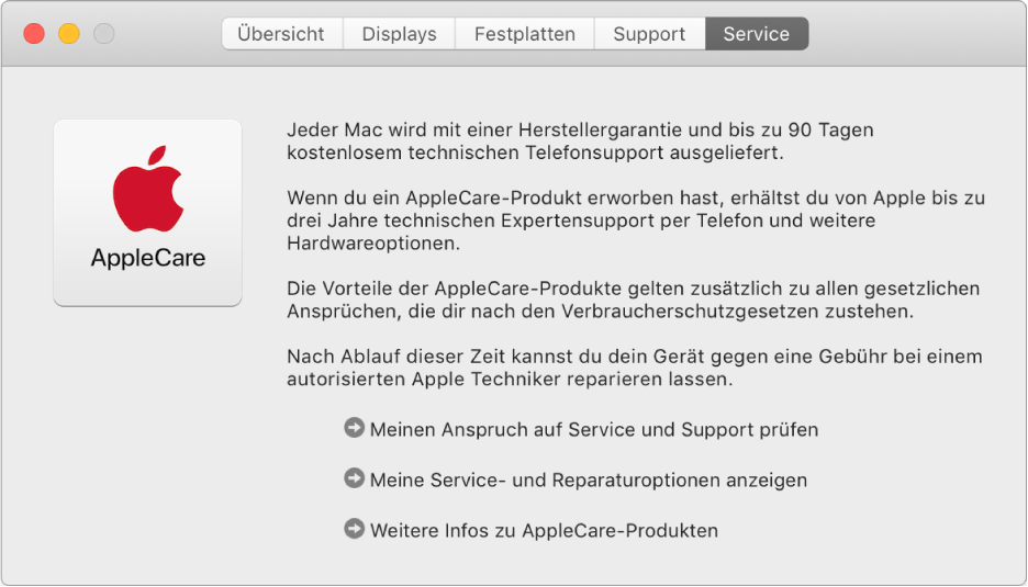 Der Bereich „Dienste“ in den Systeminformationen mit den AppleCare-Serviceoptionen