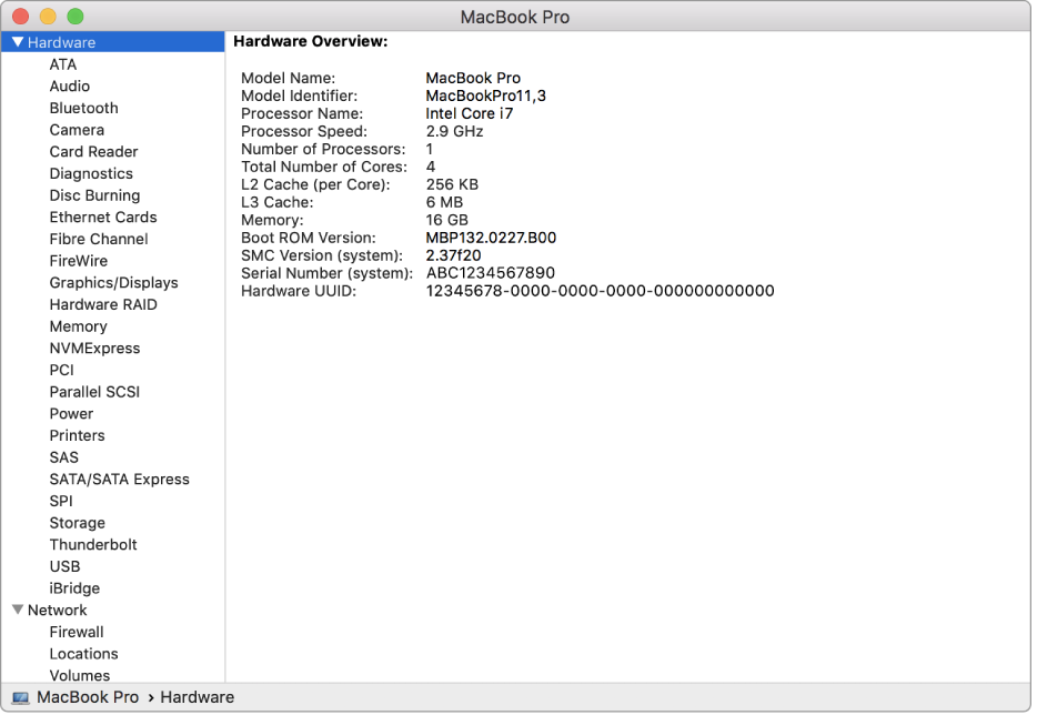 The Hardware specifications section of a system report.