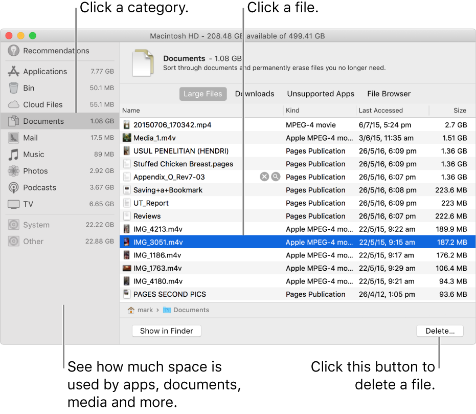 Sort through categories of files to see how much space is being used, to find files, and to delete files you no longer need.