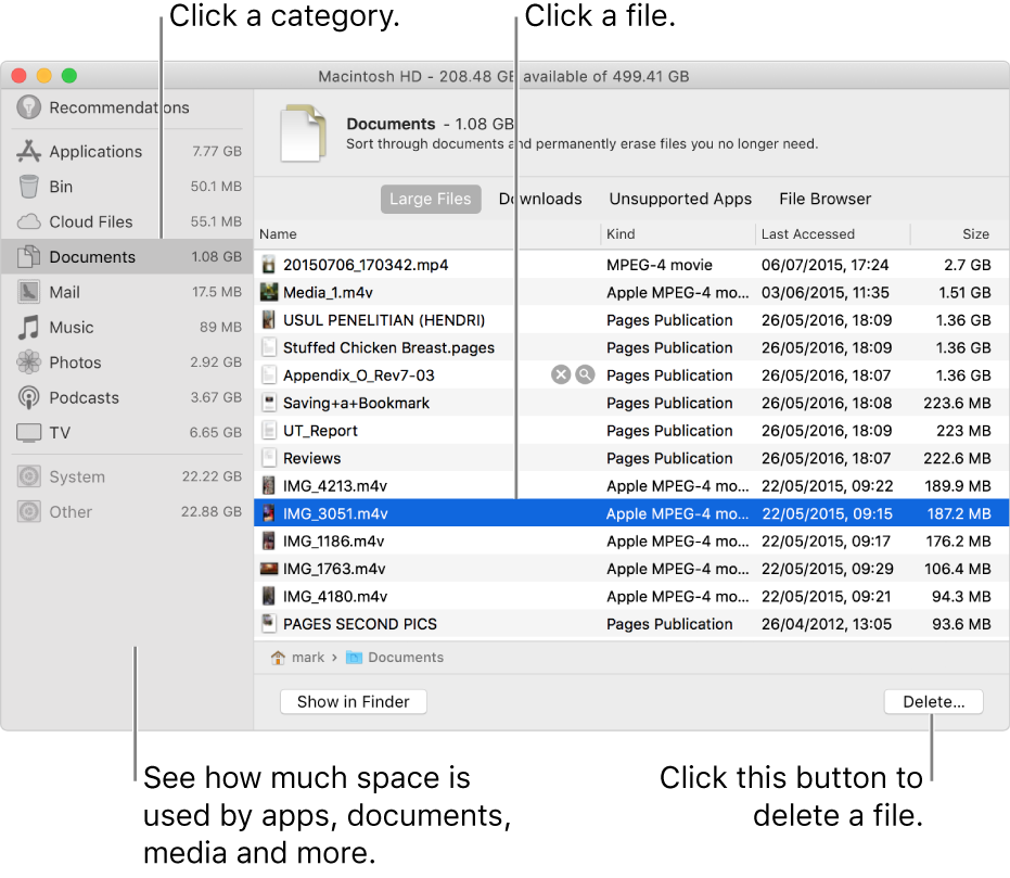 Sort through categories of files to see how much space is being used, to find files and to delete files you no longer need.