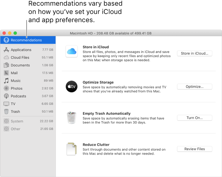 Optimise storage recommendations in the Storage pane.