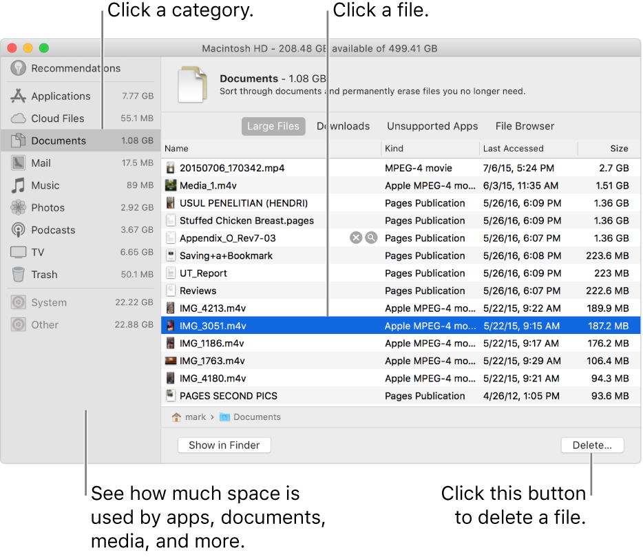 Sort through categories of files to see how much space is being used, to find files, and to delete files you no longer need.