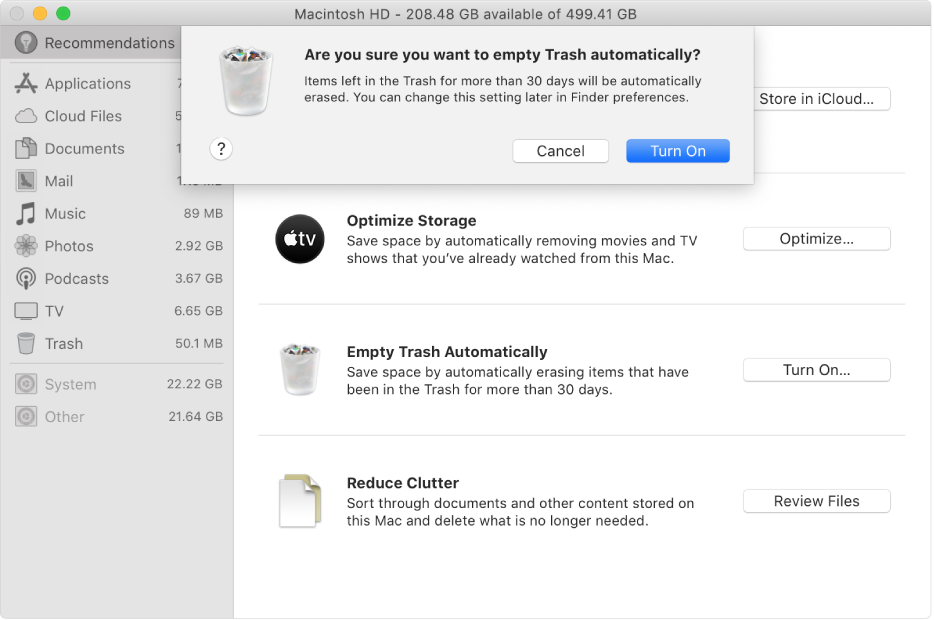 The “Are you sure you want to erase Trash automatically” dialog in the Storage Recommendations window.